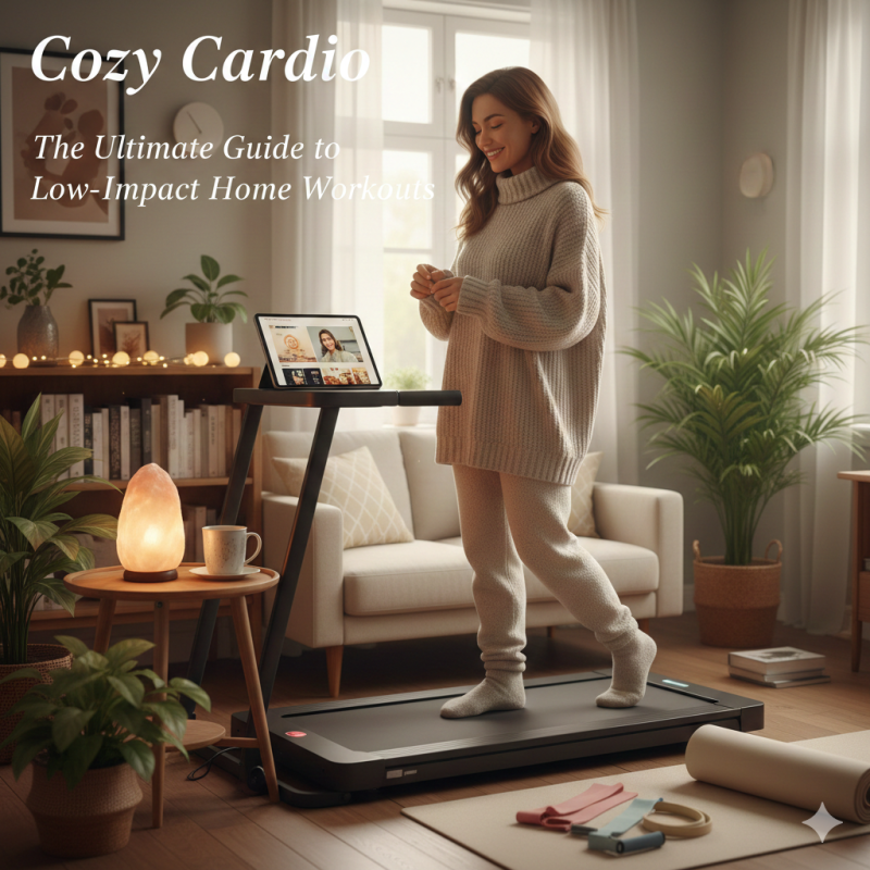 A woman practicing Cozy Cardio on a walking pad.